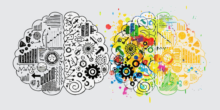Brain hemispheres illustration with creative and analytical elements colorful vector art