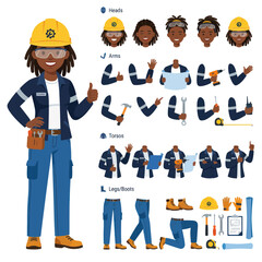 Fototapeta premium Female Construction Worker Character Builder Kit - Vector Illustration