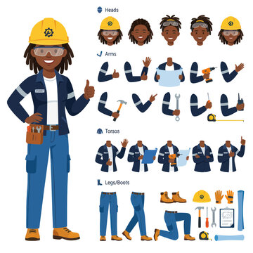 Female Construction Worker Character Builder Kit - Vector Illustration