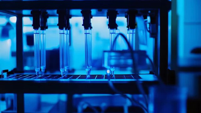Automated liquid handling system performing precise pipetting of samples into a microplate, representing advanced technology in science, biotechnology, and medical laboratory diagnostics