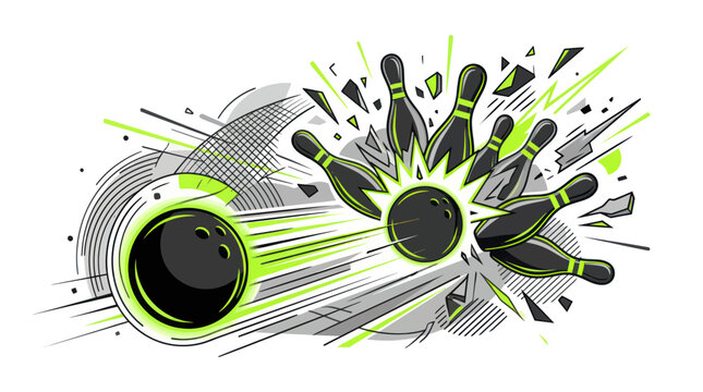 Bowling ball hitting pins with abstract energetic background, sports illustration