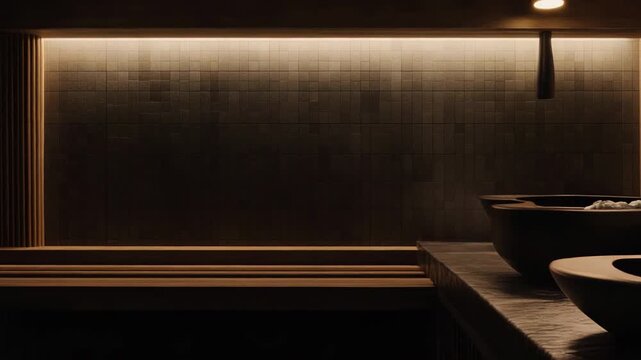 Modern wellness bathroom showcasing minimal design, warm ambient lighting, and elegant dark fixtures, creating a serene and private atmosphere for relaxation and rejuvenation