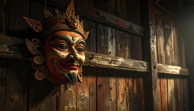 Intricately carved mask displayed against rustic wooden background