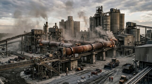 Large industrial cement factory with smoking pipes and machinery