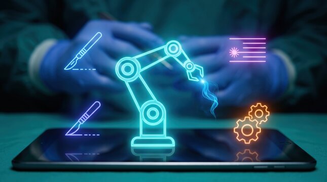 Robotic Surgery Tech Concept: Neon Cyan Mechanical Arm Icon Floating Over Digital Tablet in Operating Room