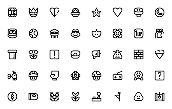 Classic Gaming icon set. Retro game vector icons. Minimal line pack. Featuring Barrel, Turtle, Star, Mushroom, Coin, Super Mario, Pipe, Bomb, and more. Editable vector stroke.