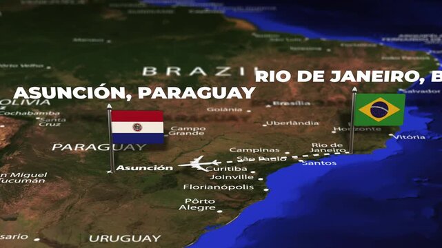 Flight From Rio Brazil to Asuncion PARAGUAY with flag pins