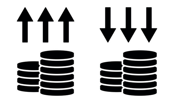 Financial growth and decrease vector icon set with coin stacks and arrows isolated on white background