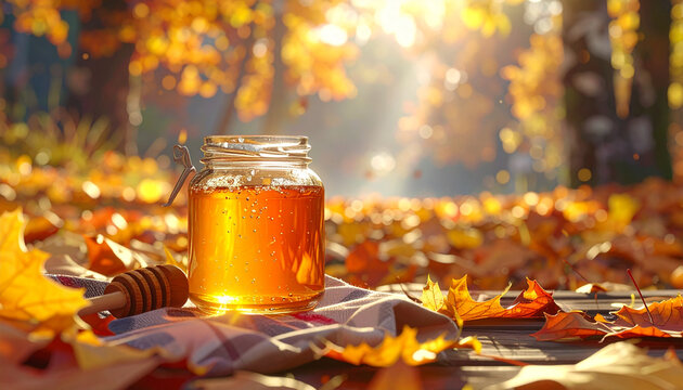 Jar of golden honey amidst vibrant autumn foliage with warm sunlight