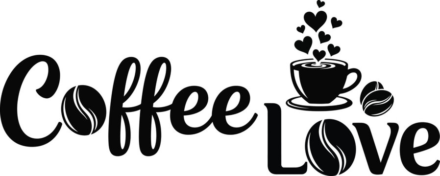 Black of "coffee love" with coffee beans and hearts