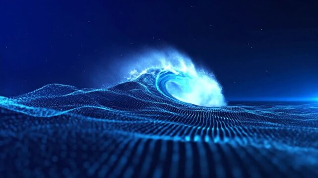Abstract digital ocean wave with particles and a dark blue background