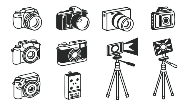 Vector illustration set of various professional digital and film cameras with photography equipment snapshot