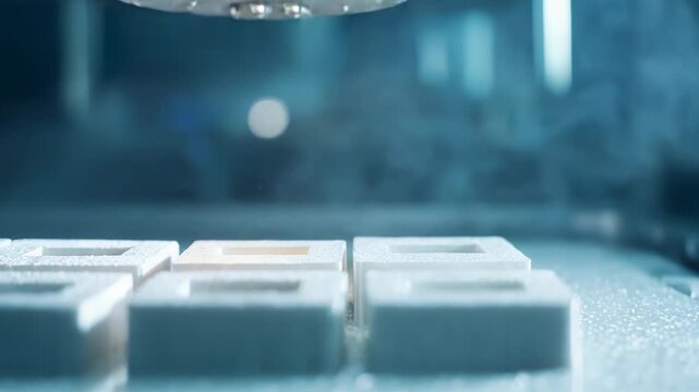 Industrial 3d printing machine layer by layer building new precise prototypes and components using powder bed fusion technology, highlighting modern manufacturing processes and innovation