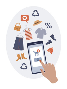 Second-hand clothing marketplace and sustainable fashion mobile app vector illustration.