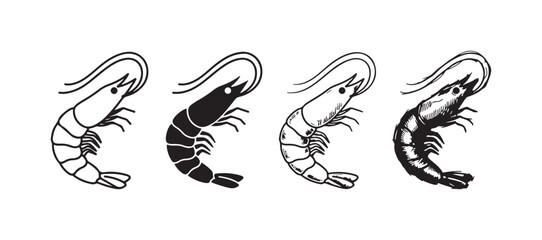 Obraz premium Set of four black and white shrimp icons presented in various artistic styles: clean outline, solid silhouette, classic line art, and textured sketch.