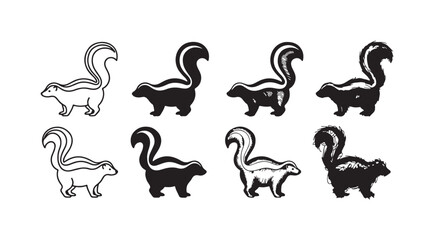 Obraz premium Eight black and white skunk icons with raised tails, presented in four distinct artistic styles across two rows: outline, solid silhouette, detailed line art, and textured hand-drawn sketch.