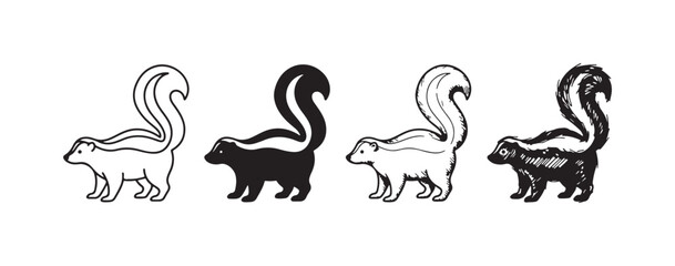 Obraz premium Collection of four black and white skunk icons with raised, curved tails, rendered in diverse artistic styles: crisp outline, bold silhouette, refined line drawing, and expressive sketch.