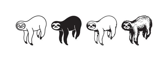 Fototapeta premium Sloth standing on all fours, facing left, in various black and white drawing styles