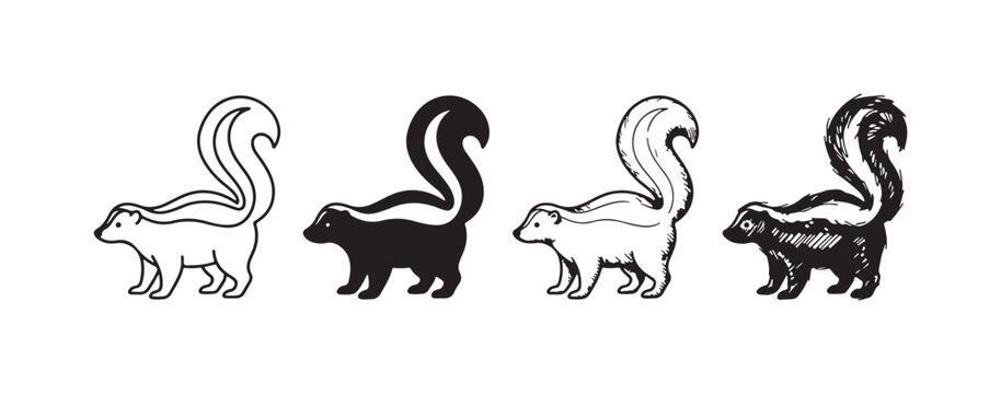 Collection of four black and white skunk icons with raised, curved tails, rendered in diverse artistic styles: crisp outline, bold silhouette, refined line drawing, and expressive sketch.