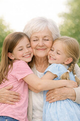 Fototapeta premium A warm family moment captured in a photograph. An elderly woman with white hair is lovingly embraced by two young girls, both smiling and looking up at the camera. Their joy radiates as they share