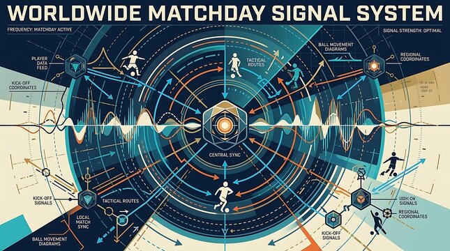 Global sports event signal system with world map and football analytics dashboard