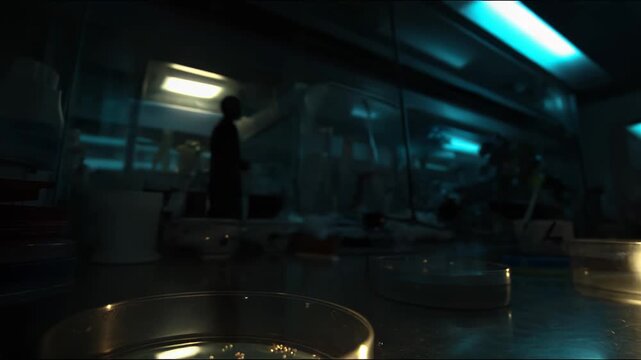 Petri dish containing agar and numerous bacterial colonies growing on a metal surface, highlighting scientific research and microbiological experimentation in a dark laboratory setting