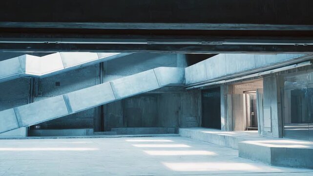 Brutalist concrete architecture with a minimalist industrial design featuring an open internal space, geometric stairs, and contrasting shadows from natural light creating a stark, modern aesthetic