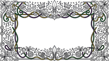 Mardi Gras Frame Illustration: Masks, Beads, Crowns, Trumpets, Fleur de Lis © noeh