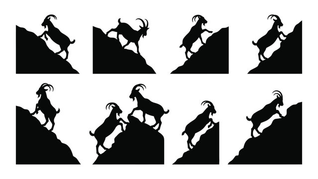Mountain goats climbing rocky terrain in a repeating pattern black and white silhouette goat caprine ungulate mammal wildlife animal range