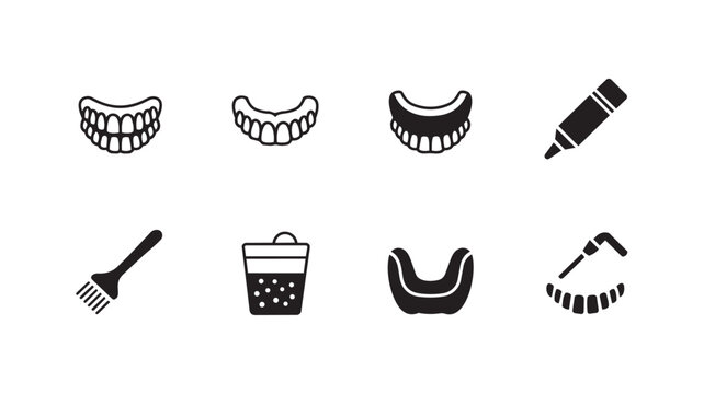 Set of dental icons including teeth whitening, mouth guard and tools vector