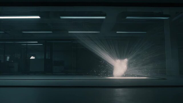 Glowing particles aggregate and then rapidly stream across a modern dark office floor, creating motion blur lines representing high speed data transfer and technological advancement