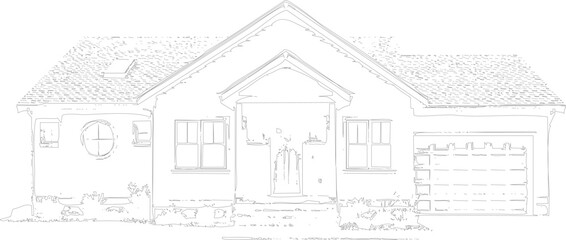 Obraz premium A detailed line drawing of a house with a gable roof and a garage