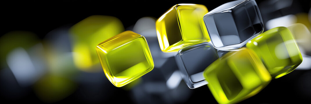 Glossy yellow and gray transparent cubes float together across a dark backdrop.