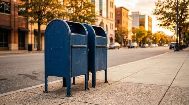 Two blue usps mail collection boxes on a city sidewalk at sunset