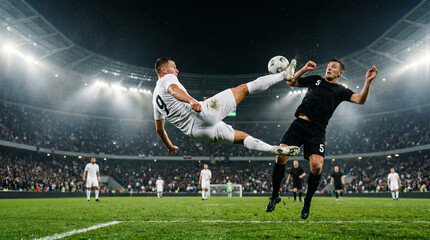 Naklejka premium A dynamic dynamic action shot of a football player in a white jersey performing an acrobatic overhead bicycle kick in mid-air