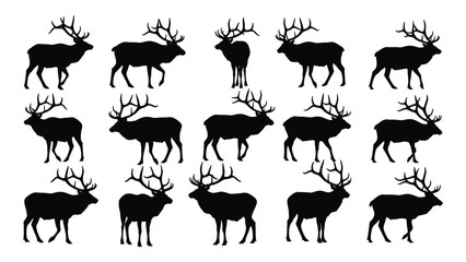 Fototapeta premium Collection of elk silhouettes in various poses a black and white graphic illustration silhouette deer stag bull wapiti cervidae antlers
