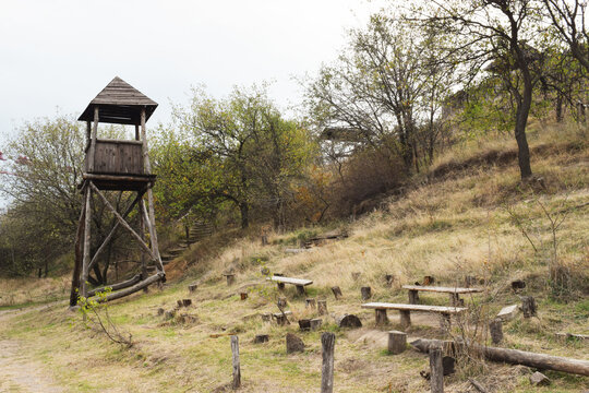 Low angle view of rustic wooden watchtower structure within the reconstructed Cossack fortress on.