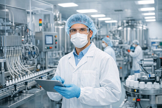 A scientist wearing a white lab coat, blue gloves, and a surgical mask standing in a laboratory. He is holding a tablet computer, possibly reviewing data or checking equipment status. The background