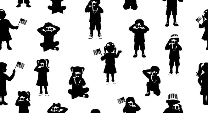 Silhouette bear characters in various humanlike poses pattern.