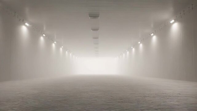 Empty industrial warehouse creating a liminal space with bright white light, fog, and mist, presenting a minimalist and mysterious atmosphere for various concepts