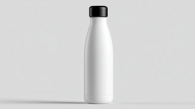 White reusable water bottle with black cap isolated on white background