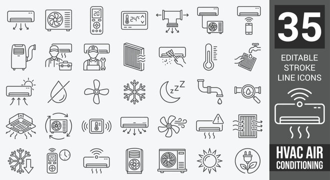 hvac air conditioning line icon set featuring cooling system, heating, temperature, ventilation, cooling, smart, thermostat, and repair maintenance vector symbols.