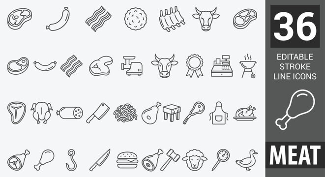 Meat line icon set featuring steak, butchery, bbq, beef, chicken, pork, and sausage. Professional editable vector set for food and restaurant.