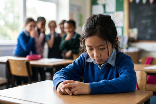 Sad Asian schoolgirl suffering from school bullying and racial discrimination, sitting alone while classmates whisper and gossip in the blurred background.