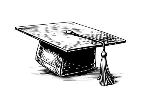 Simple hand drawn graduation cap sketch, engraved education illustration clip art.
