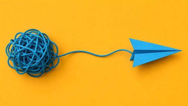 Tangled blue rope turning into a paper airplane on yellow background representing business strategy overcoming obstacles to achieve success
