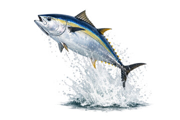 Fototapeta premium This is a color illustration of a blue marlin fish leaping out of the water. The image features sharp details and vivid colors, capturing the elegance and power of the iconic species known for its