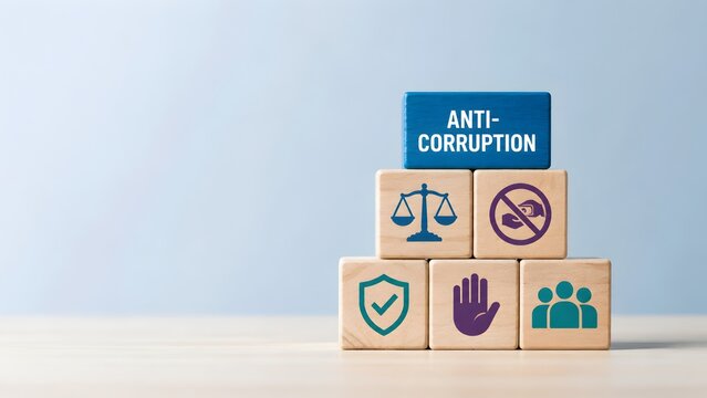 Anti corruption text on blue wooden block stacked above legal and ethics icons representing corporate compliance and transparent business governance