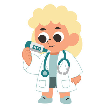 Cute small doctor characters with multicultural diversity, various skin tones and hair colors, holding thermometer with friendly expressions, kawaii flat illustration style, adorable healthcare mascot