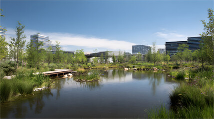 Fototapeta premium Modern urban park with pond and office buildings in background